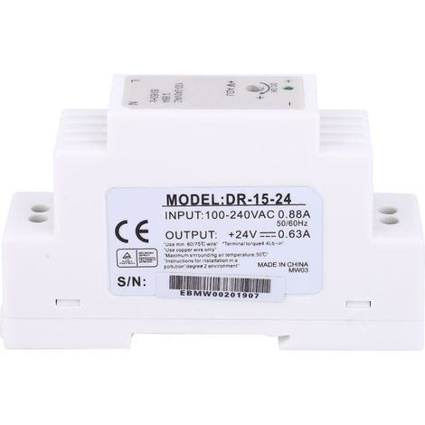 Alimentation rail DIN DR-15-24 – Sortie unique 15W 24V 0,63A – Pour armoire électrique et automatisme – Compacte