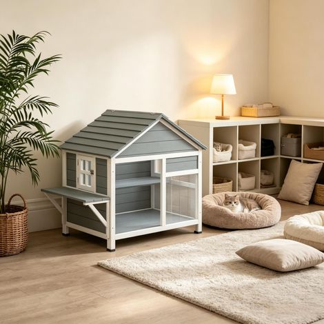 Maison pour chat, niche extérieure avec toit, porte panoramique à lamelles ouvrantes et plateforme de repos, mobilier pour chat résistant aux intempéries pour le jardin (1/5)