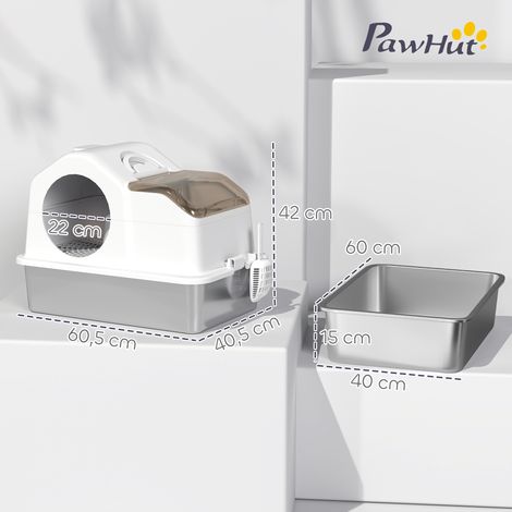 Abgedeckte Katzentoilette mit Edelstahlwanne, abnehmbarem Deckel, hohem Rand, leicht zu reinigen, weiß