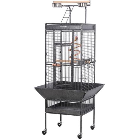 Yaheetech – Cage pour oiseaux en métal noir 65,5x65,5x156 cm – Espace entre barreaux 15 mm – Roulettes mobiles – Verrou de sécurité
