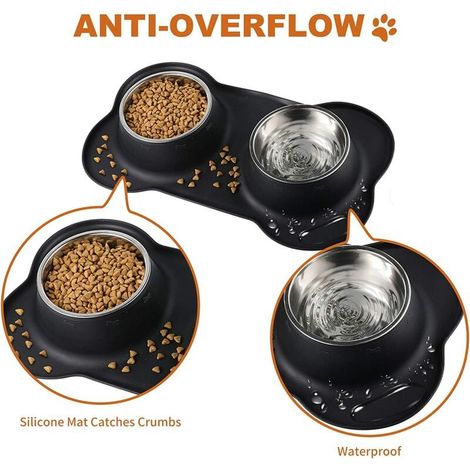 2x400ML bol pour chien et chat bol en acier inoxydable double couche base antidérapante tapis en silicone anti-déversement anti-déversement (1/5)