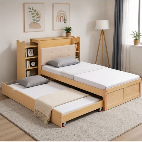 Lit gigogne 90x200 cm avec rangements et ports USB, tête de lit rembourrée, en bois naturel et beige, sans matelas (1/5)