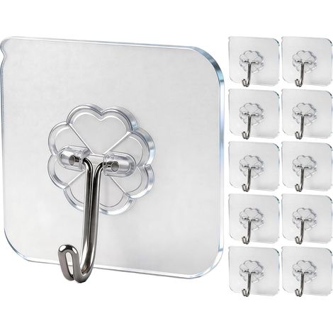 Ganci adesivi trasparenti, non necessitano di foratura - Portata massima 15 kg, impermeabili/resistenti all'olio - Bagno e cucina - Per asciugamani, cappotti, chiavi - Multifunzionali - 10 pezzi (1/5)