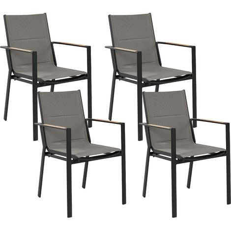 Set di 4 sedie da giardino in metallo nero grigio chiaro cuscini in legno Busseto