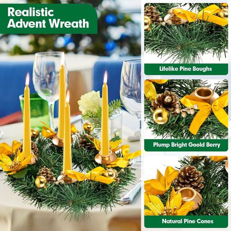 Guirlande De Noël En Rotin - Décoration Porte Mur Cheminée - Simulacre De Pommes De Pin Et Bougie - Or - Taille Unique (1/4)