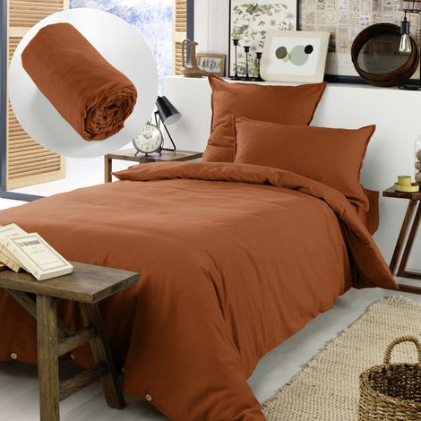Pack Housse de couette chaude en flanelle 140 x 200 cm + drap housse 90x190 Terracotta (1/4)