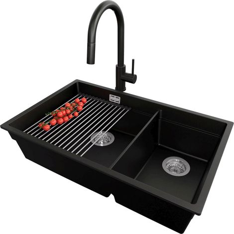 PRIMAGRAN Evier Cuisine en Granit 76x47cm, Lavabo 2 bacs + Kit de Vidage + Accessoire, Évier à Encastrer au meuble 80cm - Prague Slim Duo, Noir