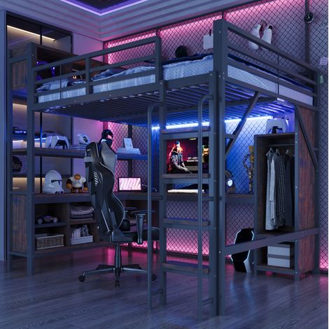 Lit mezzanine adulte enfant 140x200 cm avec bureau, armoire, LED et prises, gain de place, structure métal noir (1/5)