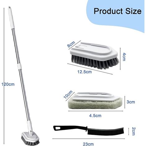Brosse de sol de 120 cm avec long manche enfichable, brosse de nettoyage de salle de bain avec 2 têtes de brosse, 2 brosses à joints et 2 crochets adhésifs, pour douche, carrelage, baignoire (1/4)
