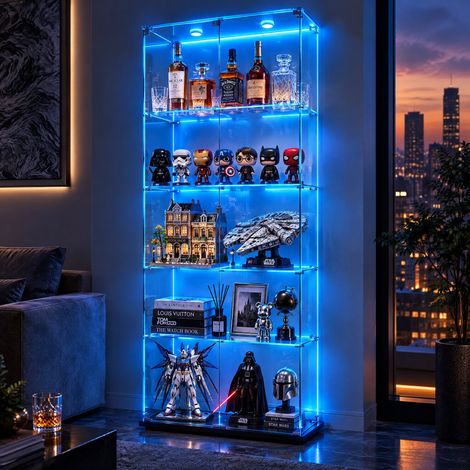 JOOKGBD–Glasvitrine Standvitrine mit LED,2 Türen,5 Glasböden,Vitrinenschrank für Wohnzimmer,Büro,Sammlervitrine,Schwarz