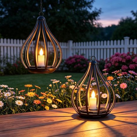 Lanterne solari da esterno, set di 2 luci solari a LED da appendere con effetto fiamma tremolante, IP65, decorazione per giardino esterno per Natale, Halloween, balcone, patio, campeggio (1/5)