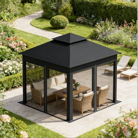 Tonnelle pliante de jardin 3 x 3 m à double toit, hauteur réglable, anthracite OKMYHOME (1/5)