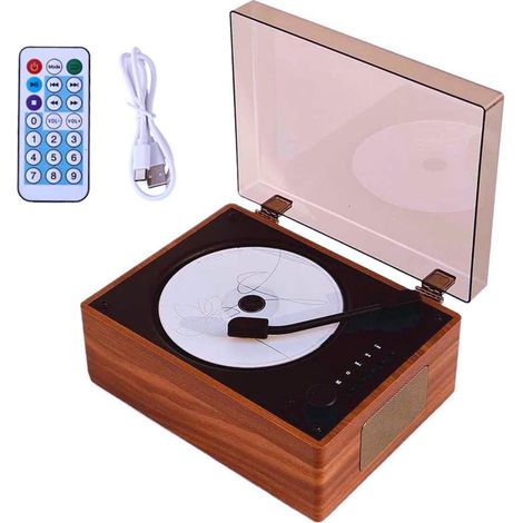 Tragbarer Bluetooth-Lautsprecher mit wiederaufladbarem Retro-CD-Player, kabelgebundener/kabelloser Verbindung, braune Holzoptik