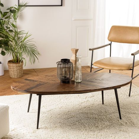 KIARA - Table basse en bois recyclé ovale 135x70cm plateau chevrons (1/5)