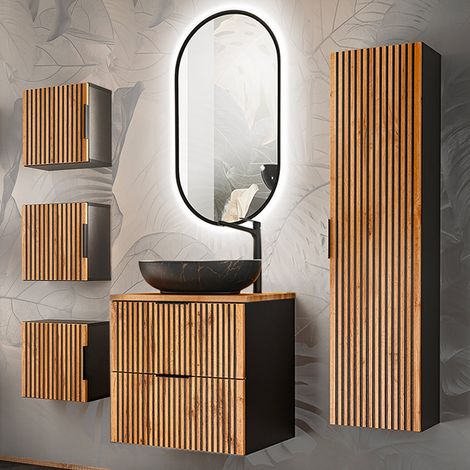 Ensemble meuble simple vasque 60cm colonne et 3 armoires murales Gaia Bois et Noir - Vasque Noir (1/5)