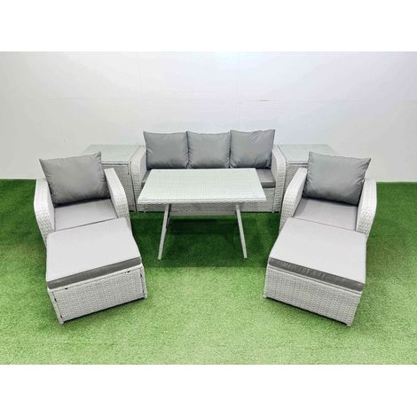 Fimous Reclining Chair 3 Seat Sofa Set Garden Furniture Set with Rectangular Dining Table 2 Side Tables 2 Big Footstools Light Grey (1/4)
