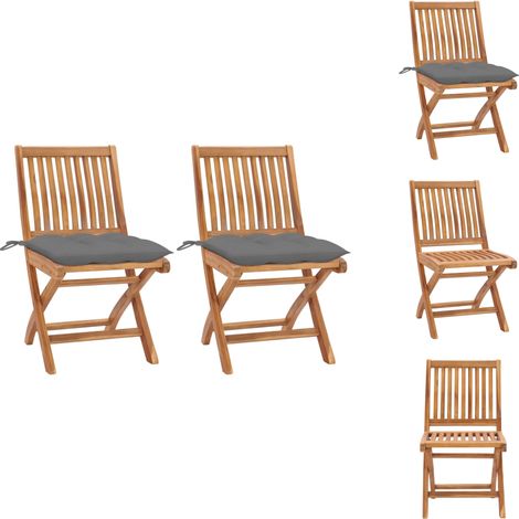 Gartenstühle - Living Gartenstühle 2 Stk. mit Grauen Kissen Massivholz Teak (1/5)