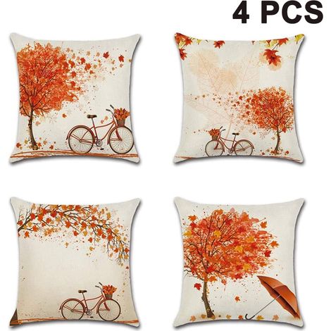 Housses de coussin d'automne 45 x 45 cm, lot de 4, motif citrouilles et récolte d'automne, style ferme, pour canapé et décoration intérieure. (1/4)