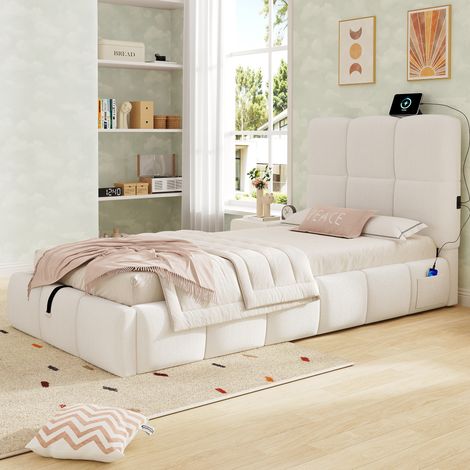 Kinderbett mit Stauraum 90x200 Boucle USB Beige OKMYHOME (1/5)