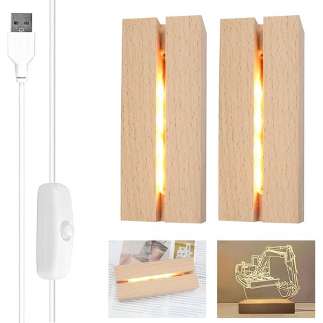 Socle lumineux LED, lot de 2 socles en bois, socle lumineux USB pour décorations DIY en acrylique, plexiglas, verre dépoli, cristal et autres matériaux. (1/5)
