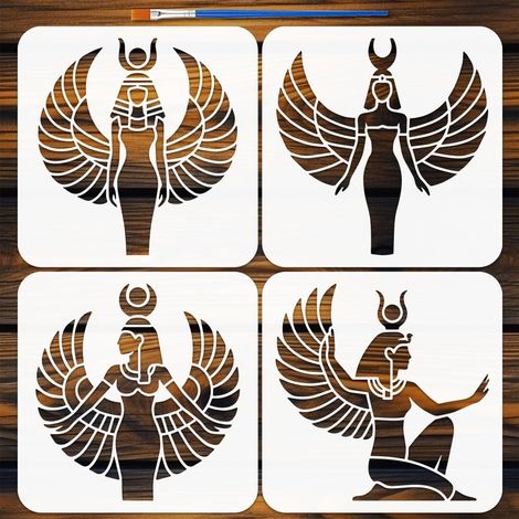 4PCS Pochoir Déesse Égyptienne Avec 1Pc Pinceau 20x20cm Pochoir Peinture Déesse Égyptienne Modèle Symbole Égypte Modèle Thèmes Égypte pour Peinture sur Bois Mur Meuble DIY Décor Maison (1/5)
