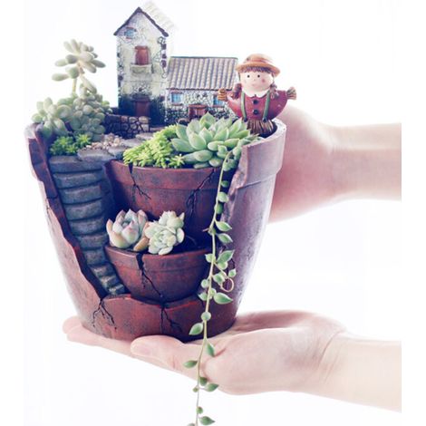 Pot plante grasse et bonsaï en résine - déco esthétique originale pour intérieur extérieur bureau maison (1/4)