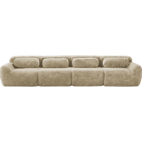 Canapé modulable 4 places en tissu peluche premium, base antidérapante, avec coussins, couleur kaki clair (1/5)