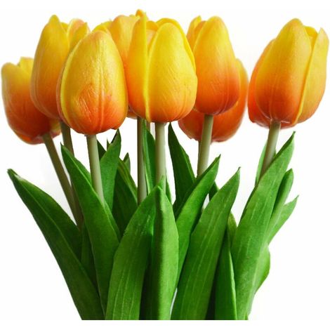 10 Stunning Realistic Touch PU Artificial Tulip Bouquet with Stem-Yellow (1/5)