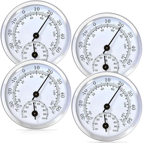 4-teiliges Präzisions-Thermometer- und Hygrometer-Set, 58-mm-Raumthermometer, ideal für Zuhause, Innenräume, Seniorenzimmer, Kinderzimmer usw. – Silber/Weiß