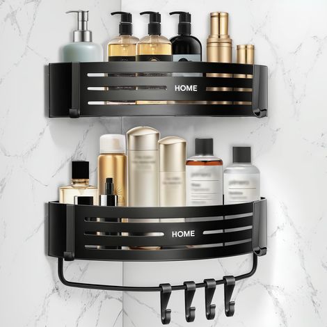 Lot de 2 Étagères de Douche sans Perçage, Étagère Murale sans Perçage Autocollantes avec 8 Crochets, Étagère d'angle pour Salle de Bain et Cuisine - Noir (1/5)