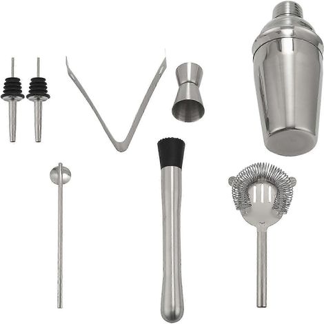 Ensemble de bar à cocktails en acier inoxydable avec shaker, mélangeur à martini, doseur double, cuillère à mélange, verseurs à liqueur, pilon, passoire et pince à glaçons. (1/5)