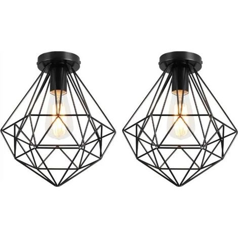 U-DO LOT DE 2 Plafonnier design Vintage Lampe Abat - Jour Cage forme Diamant en Fer Noir décoration Chambre Salon (1/4)