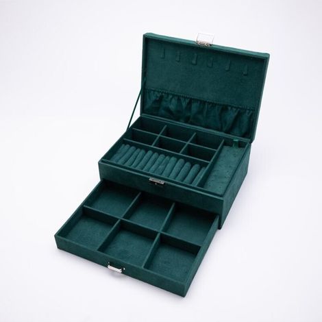 Schmuckkästchen, Schmucktruhe, Präsentationsständer, 2-stöckig, mit 1 Schublade und 1 Schlüssel, für Ringe, Uhren, Halsketten, Ohrringe, Geschenkidee (1/4)