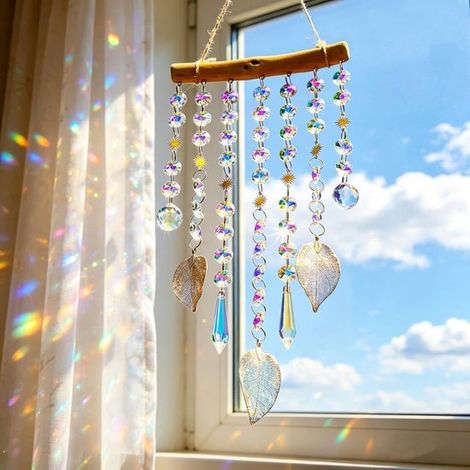 Attrape-soleil en verre coloré - Attrape-soleil - Décoration de fenêtre - Décoration murale - Décoration de fenêtre en forme de feuille de cristal - Cadeau - 16 cm - À poser sur les fenêtres, les port (1/5)