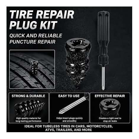 Kit Réparation Pneu Voiture Anti Crevaison – Mèches Caoutchouc 5.3-6.8mm avec Tournevis – Kit pour Auto Moto Camion Tracteur – Urgence Route sans Démonter Le Pneu (1/3)