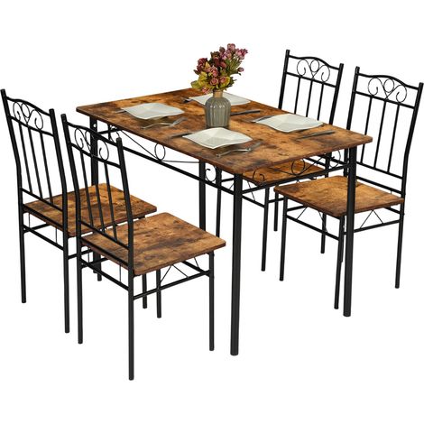 FurnitureR Ensemble de 5 ensembles de salle à manger, table rectangulaire de 109 cm avec 4 chaises, structure en métal et MDF, pour cuisine, restaurant, Marron (1/5)