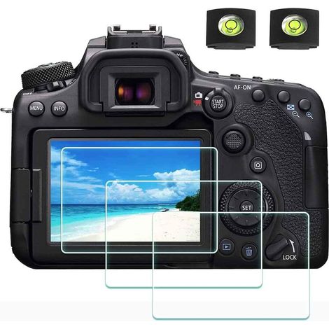 Protector de pantalla 90D para cámara Canon EOS 90D y carcasa con zapata, protector de cámara de vidrio templado óptico de 0,3 mm, dureza 9H, antiarañazos, antihuellas y antiburbujas - Paquete de 3