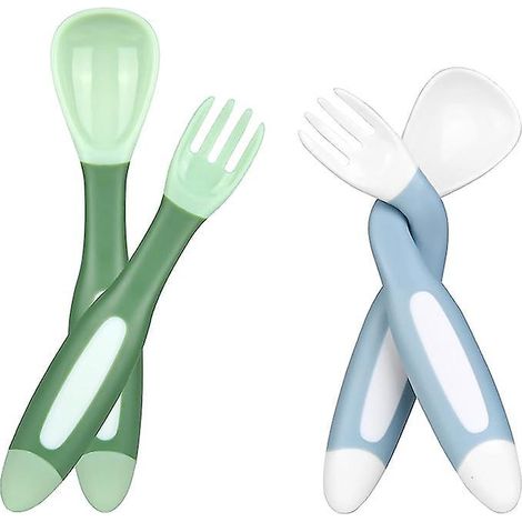 lot De 4 Cuillres D'entranement Souples Pour Bb (bleu + Vert) Avec Fonction Pliable, Faciles Tenir, Parfaites Cuillres D'apprentissage Auto-alime (1/5)