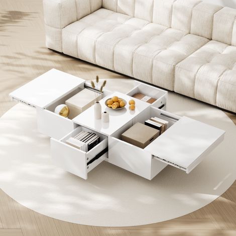 Mesa de centro de aglomerado blanco brillo 100 cm con cajones y almacenaje oculto (1/5)