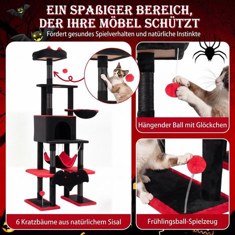 Plüsch noir, arbre à chat 178 cm avec 6 poteaux en sisal, niche, hamac et jouets (1/5)