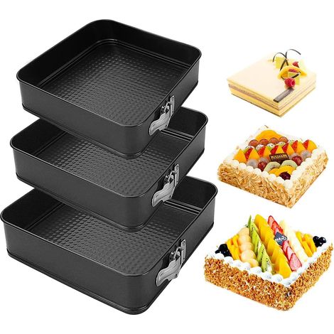 Molde desmontable, antiadherente, resistente, para hornear pasteles y tartas de queso, con base extraíble. Molde cuadrado (18 cm + 20 cm + 22 cm). (1/5)