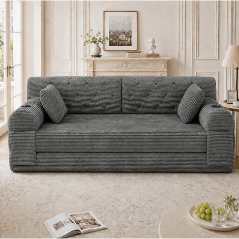 Sofá cama (168x80x81 cm), respaldo alto, 4 bolsillos y 2 portavasos, pana gris oscuro (1/5)