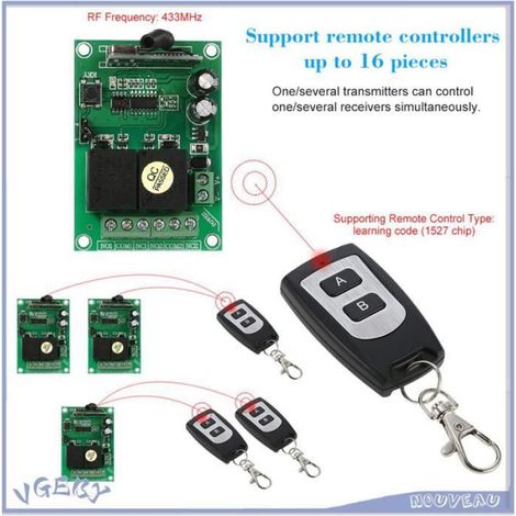 Interrupteur À Distance Sans Fil - Récepteur 2 Canaux 433 MHz - Pour Éclairage Rideaux Moteurs Verrous - 4 Télécommandes (1/5)