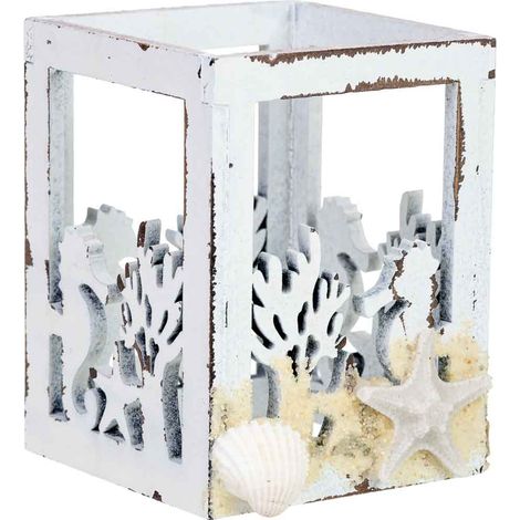 Portavelas de madera blanco 7x7x10hcm