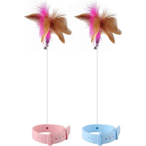 l'ensemble De 2 Colliers Roses Et Bleus Avec Plumes Sont Des Jouets Qui Permettent Aux Chats De S'amuser Et De Faire De L'exercice La Maison (1/5)