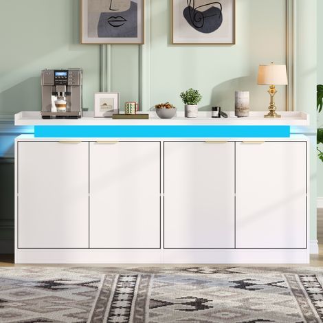 Buffet de cuisine LED RGB, sideboard 4 portes, 160 x 39 x 83 cm, MDF blanc, REDOM (1/5)