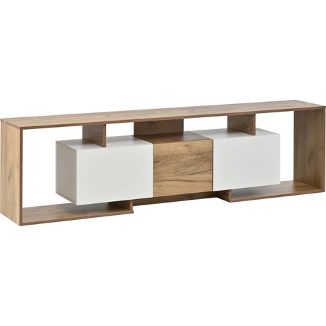 Mueble TV de 180 cm con 2 puertas abatibles, 1 puerta y 3 huecos abiertos, blanco y roble (1/5)