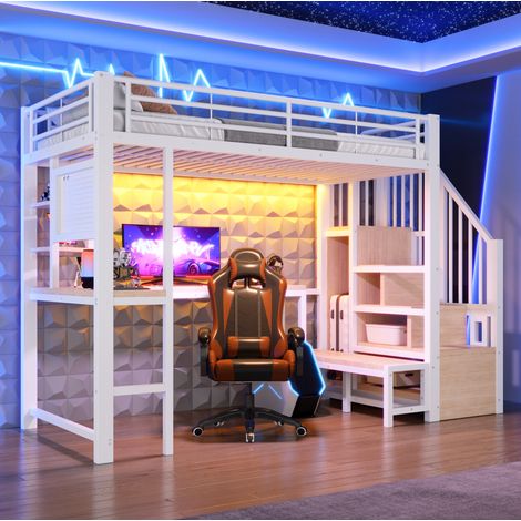 Cama alta infantil 90x200 cm de metal y MDF blanco, ahorra espacio FloraGrace (1/5)