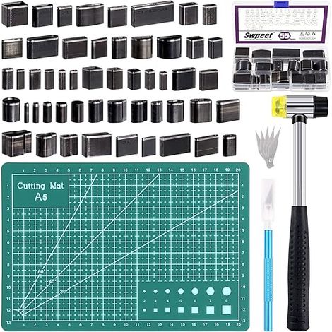Lot de 55 outils de découpe creux et tampon de coupe avec couteau artisanal et marteau, ensemble de perforateurs creux pour le cuir, outils de coupe faits à la main avec étui (1/5)