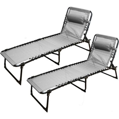 Chaise longue pliante - JUANIO - Lot de 2 - Gris clair - Coussin amovible - Structure acier anti-rouille (1/4)